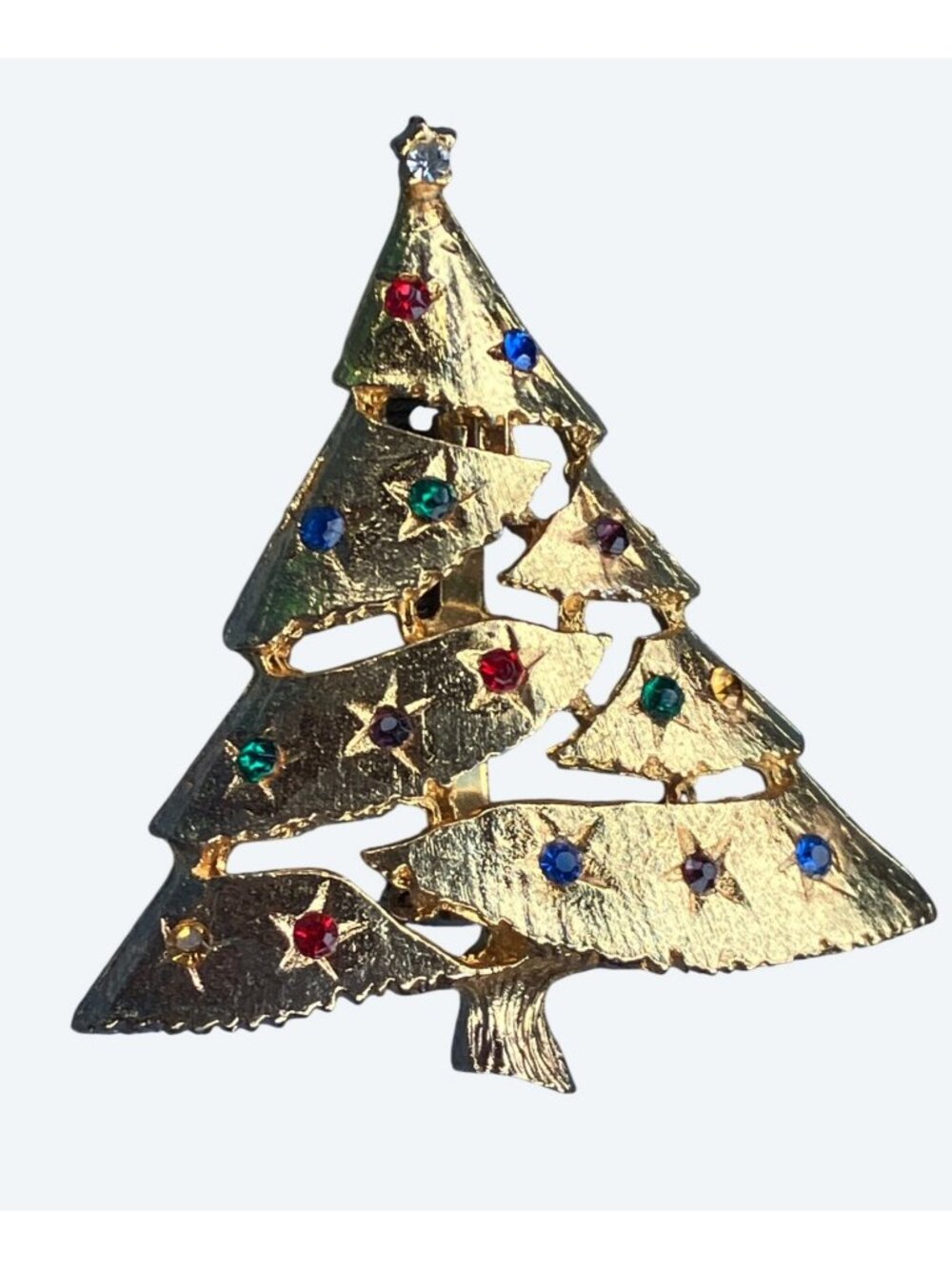 Christmas Tree Pin Brooch Vintage Multi Colored Rhinestone Brushed Gold Tone - Picture 7 of 10
